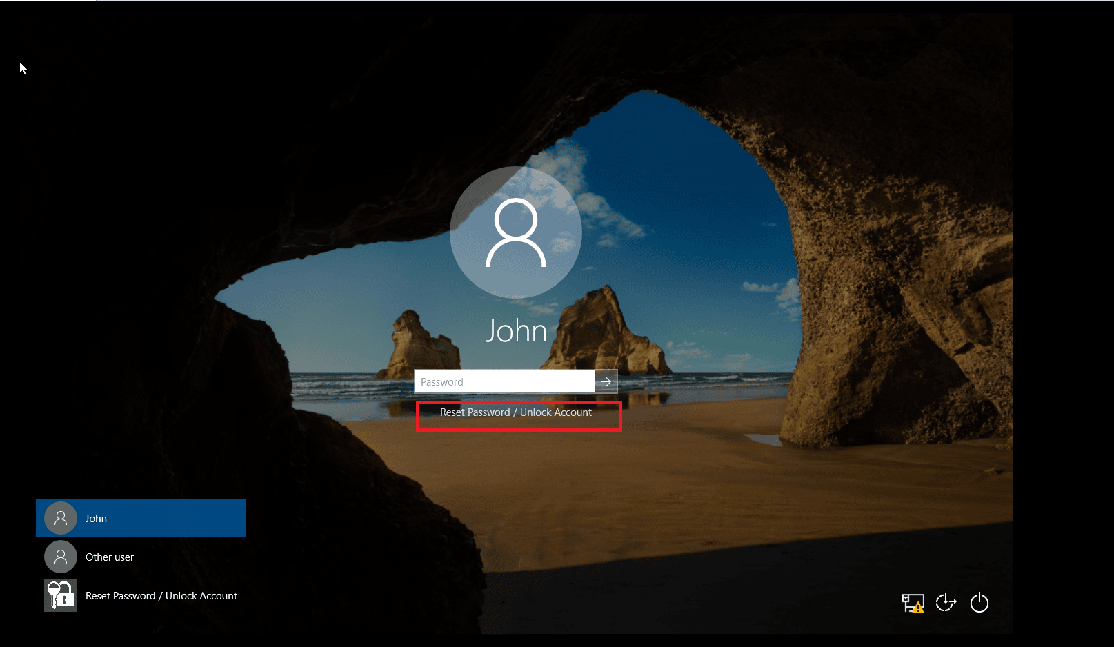 The Reset Password / Unlock Account button on the Windows logon screen