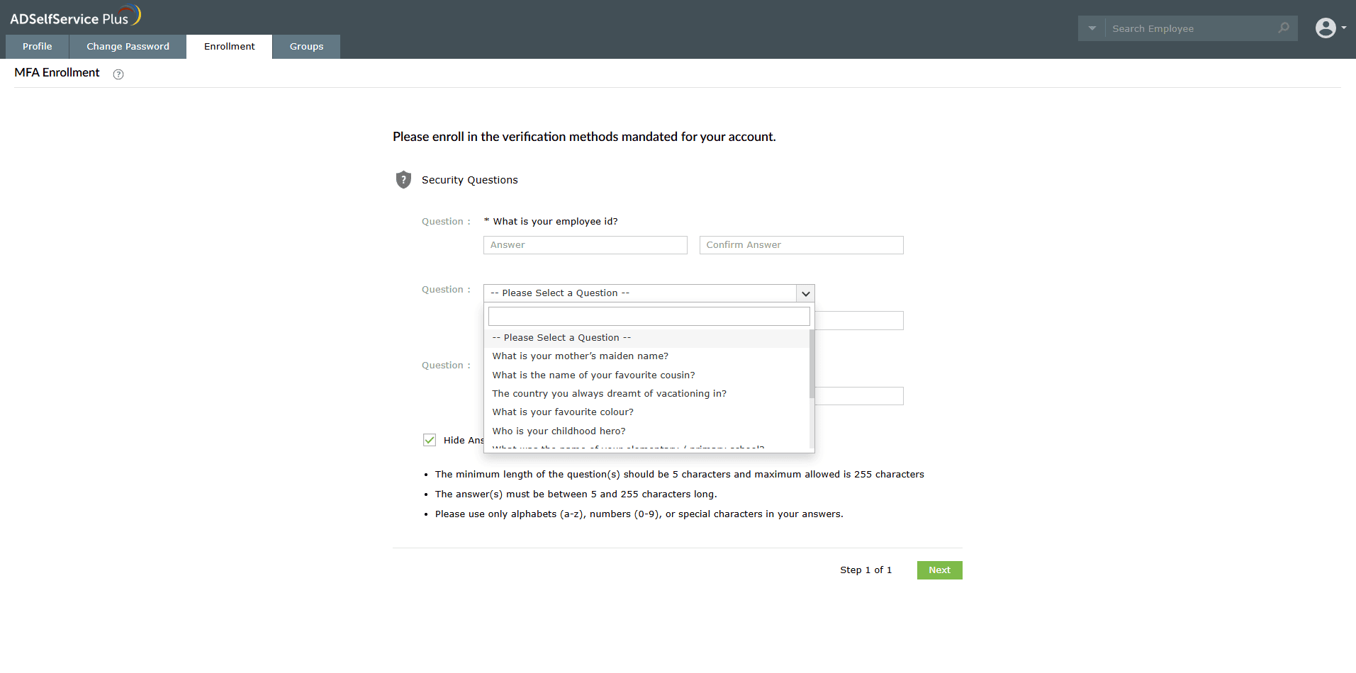 Selecting security questions from an administrator-defined list