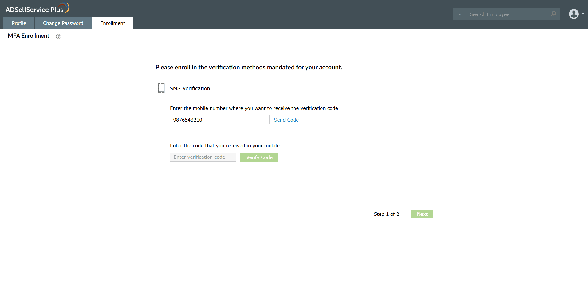 Enrolling for SMS Verification by entering your mobile number and the code