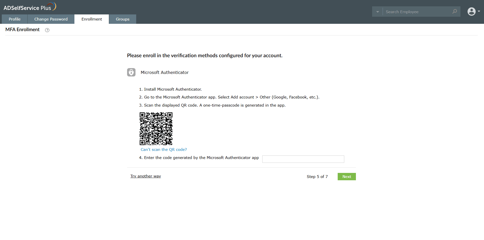 Enrolling for Microsoft Authenticator by scanning the displayed barcode