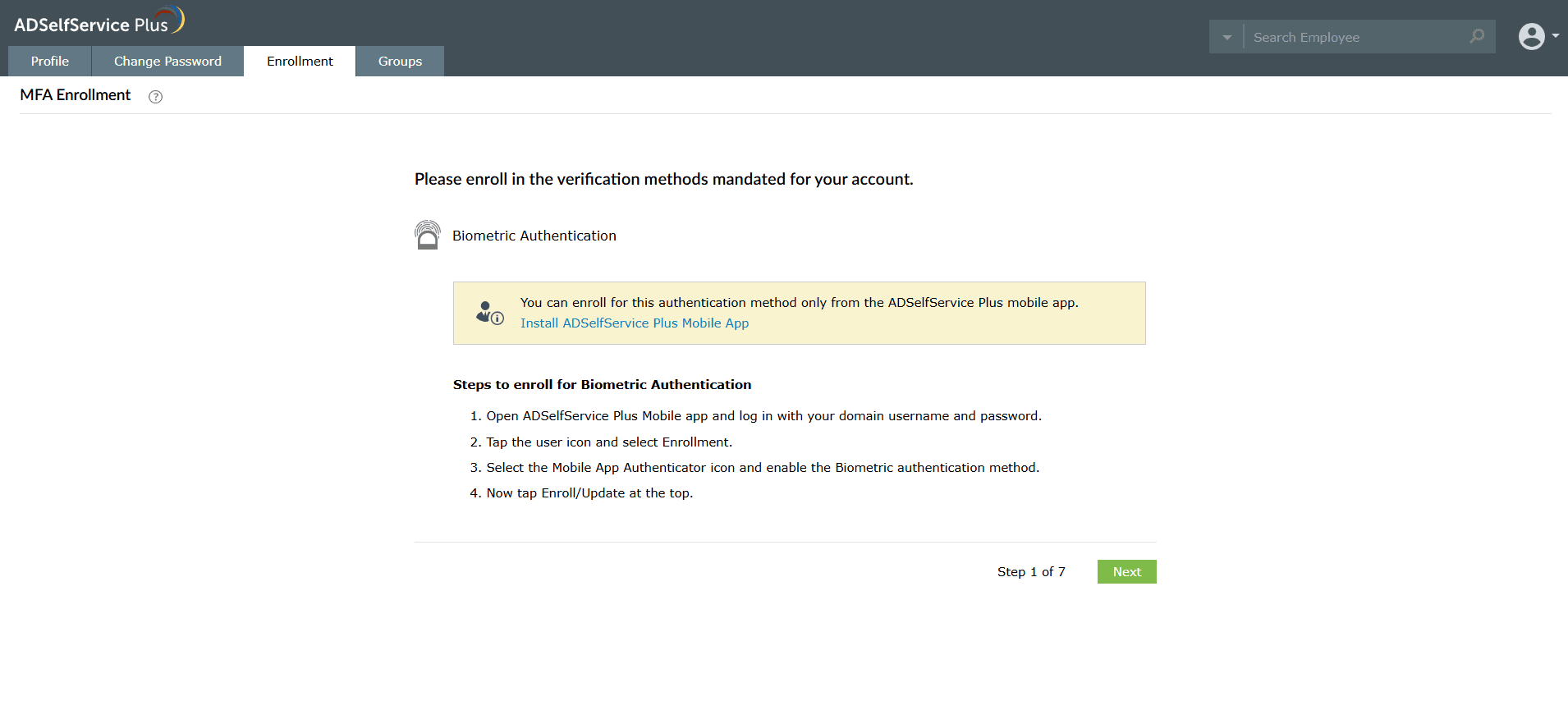 Enrolling for Biometric authentication through the mobile app