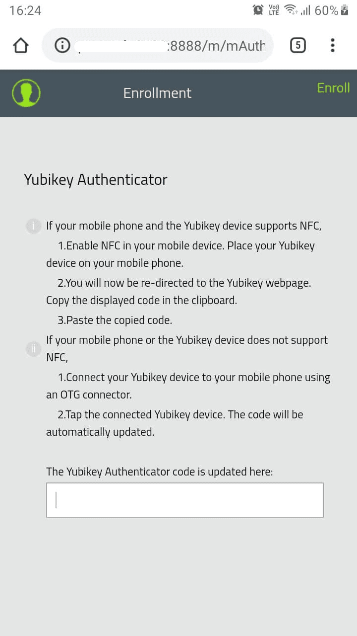 Enrolling the YubiKey authenticator through an NFC-enabled mobile device