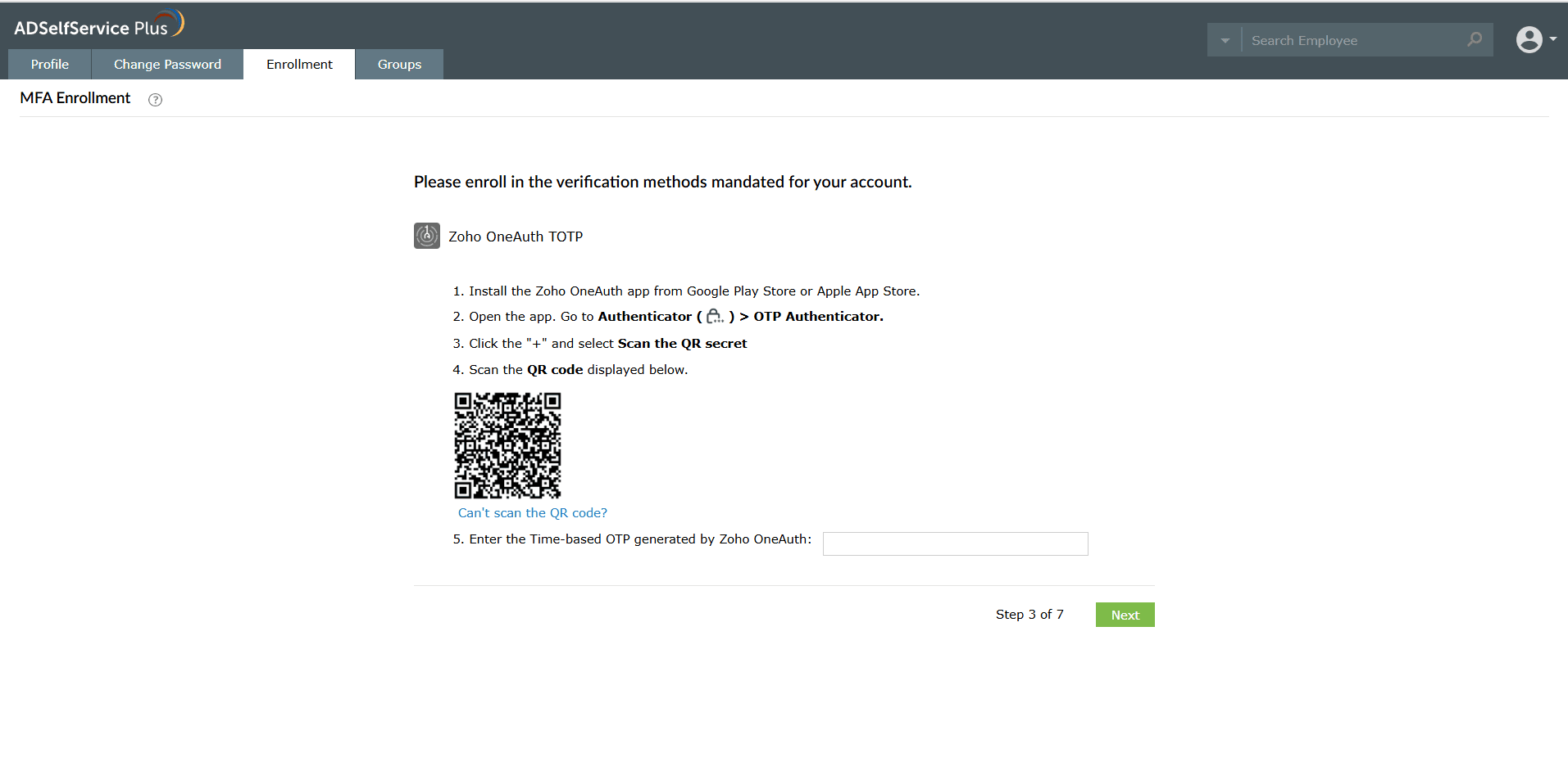 Enrolling for Zoho OneAuth TOTP by scanning the displayed QR code