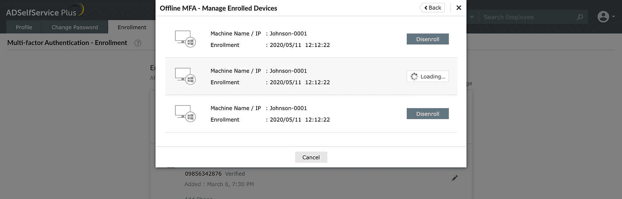 Disenrolling a machine from the Offline MFA - Enrolled Machines tab